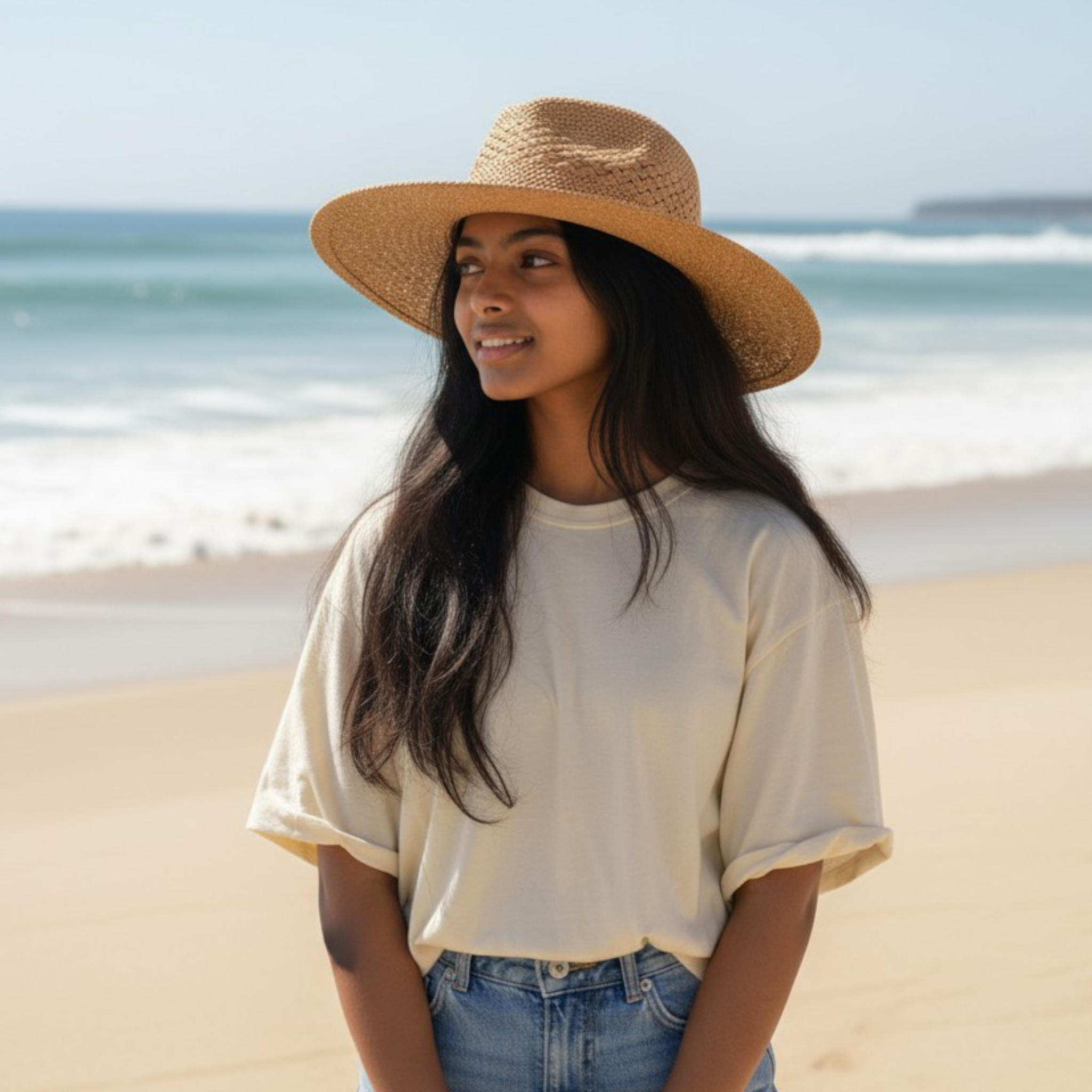 Woman wearing a straw hat on a beach