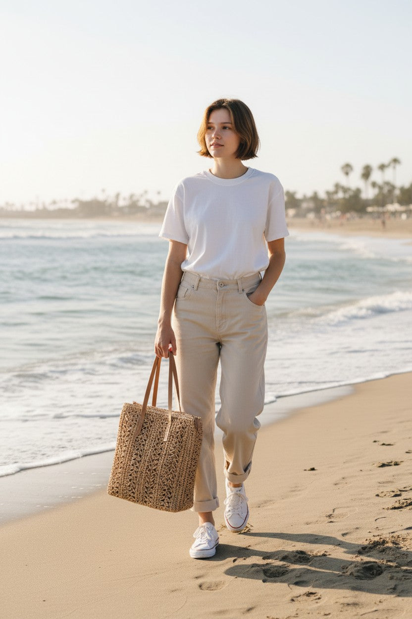 Woman walking on a beach holding a woven bag, wearing a white t-shirt and beige pants.