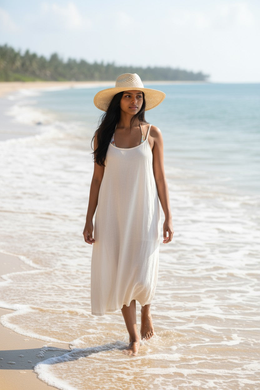 Woman in a white dress and straw hat standing on a beach with ocean waves.