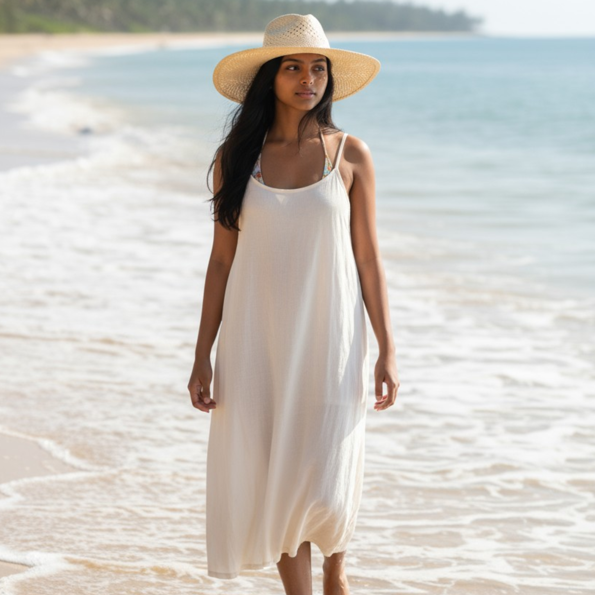 Woman in a white dress and straw hat standing on a beach