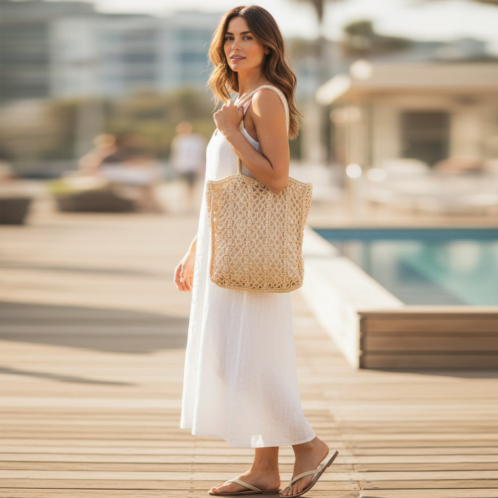 Woman in a white dress holding a straw bag by a poolside.