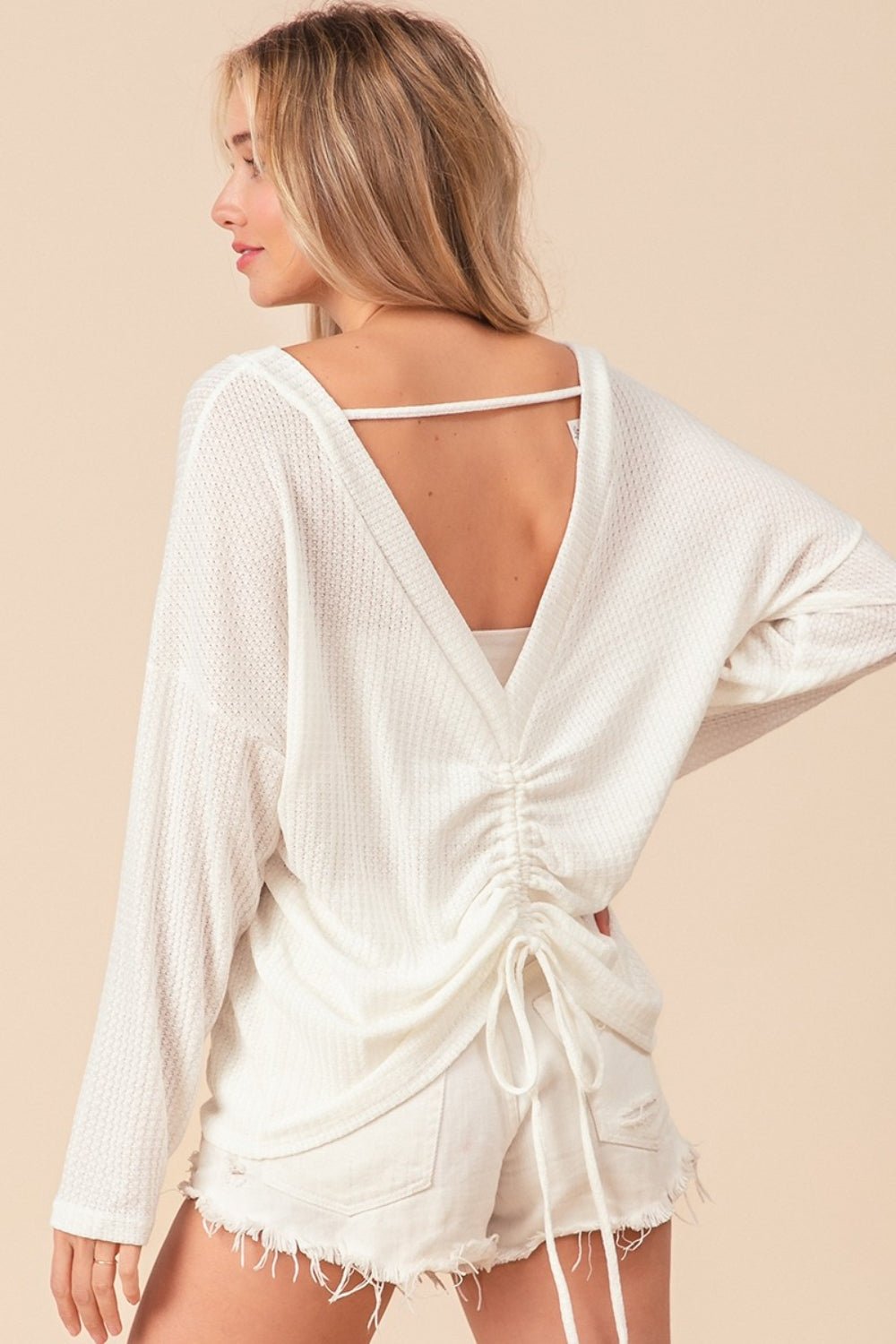 Waffle Knit Backless Drawstring Top in Off WhiteTopBiBi