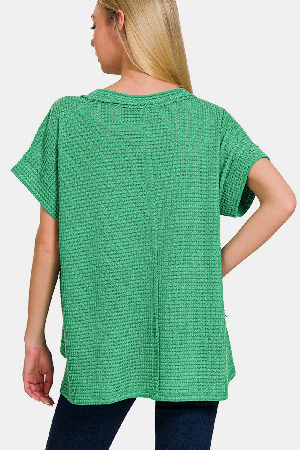 Waffle Knit Exposed - Seam Short Sleeve T - Shirt in Kelly GreenT - ShirtZenana