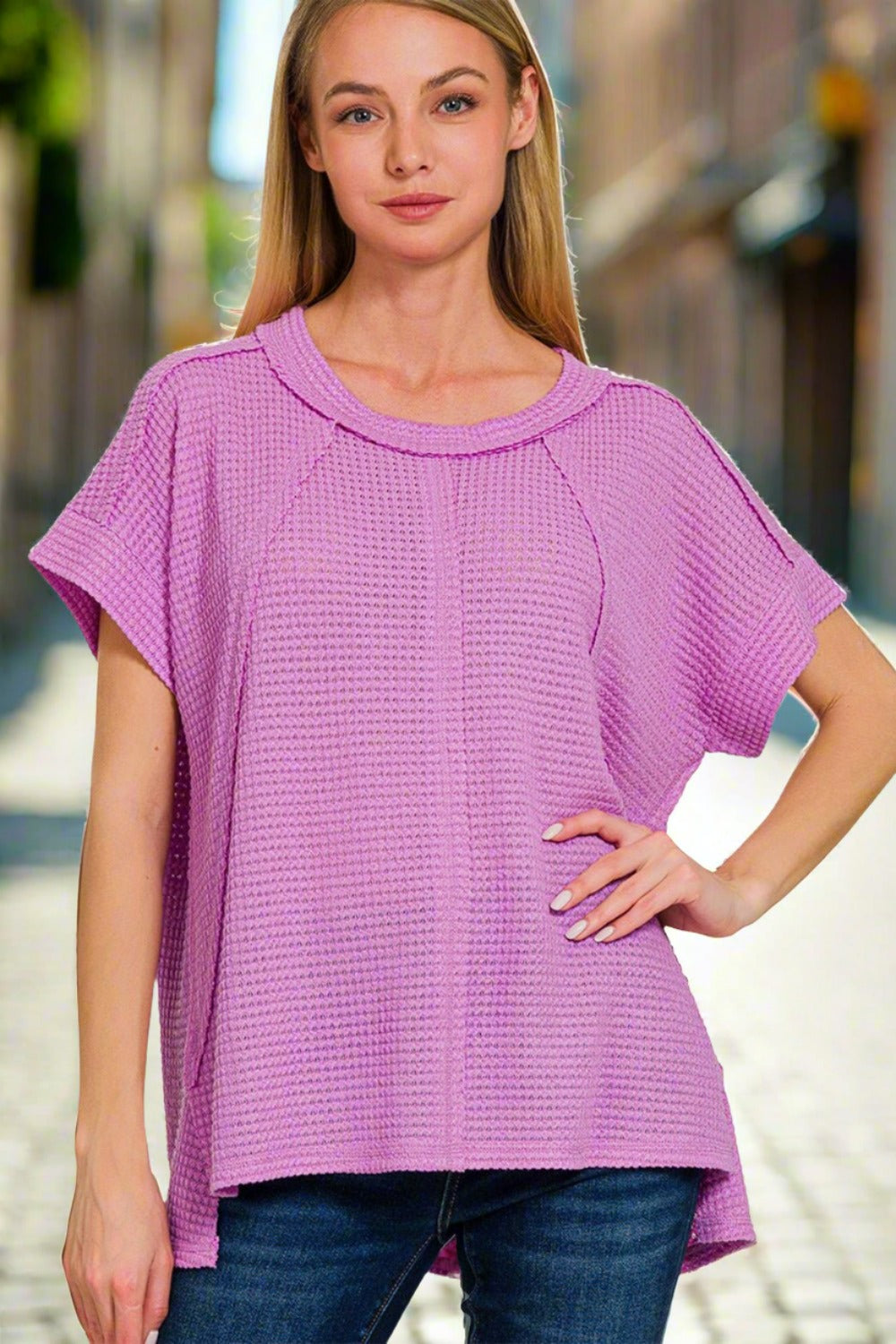 Waffle Knit Exposed-Seam Short Sleeve T-Shirt in LavenderT-ShirtZenana