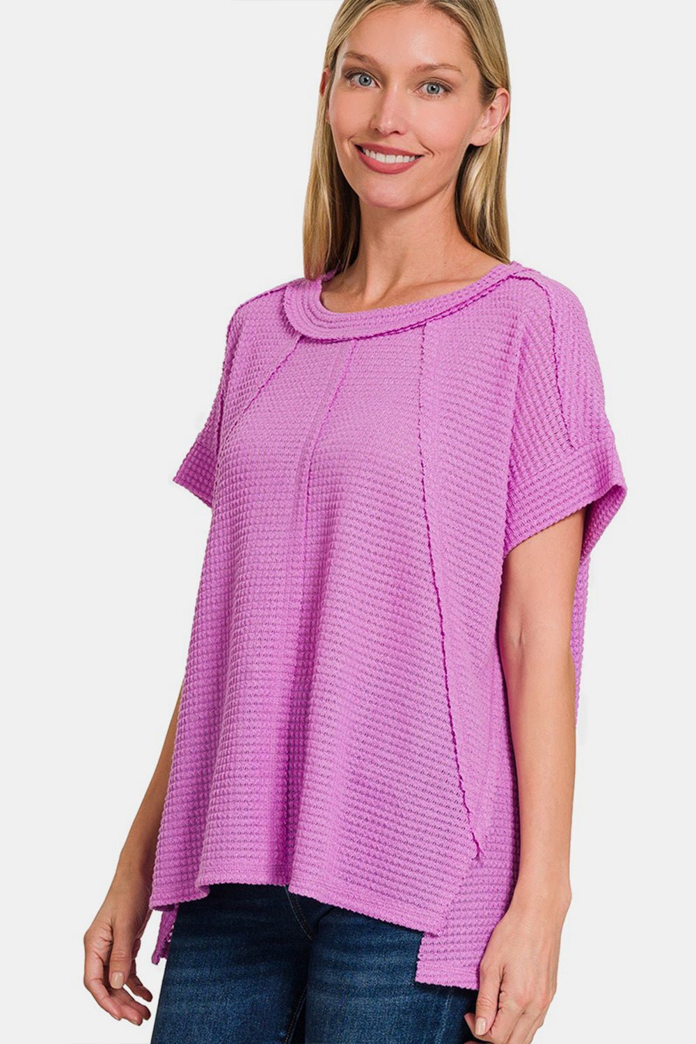 Waffle Knit Exposed-Seam Short Sleeve T-Shirt in LavenderT-ShirtZenana