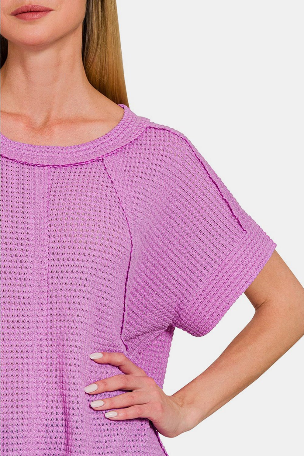 Waffle Knit Exposed-Seam Short Sleeve T-Shirt in LavenderT-ShirtZenana
