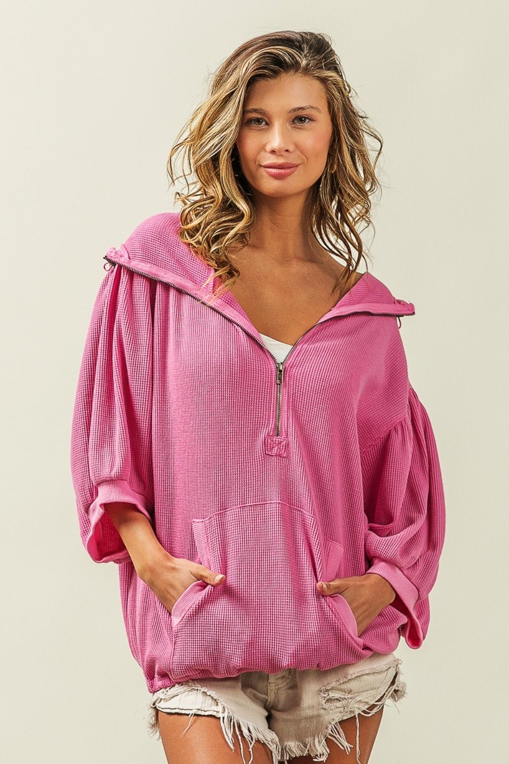 Waffle-Knit Half Zip Hooded Top in FuchsiaTopBiBi