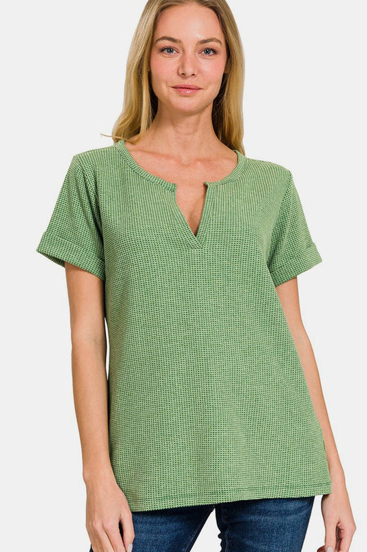 Waffle Knit Notched Short Sleeve T-Shirt in Dark GreenT-ShirtZenana