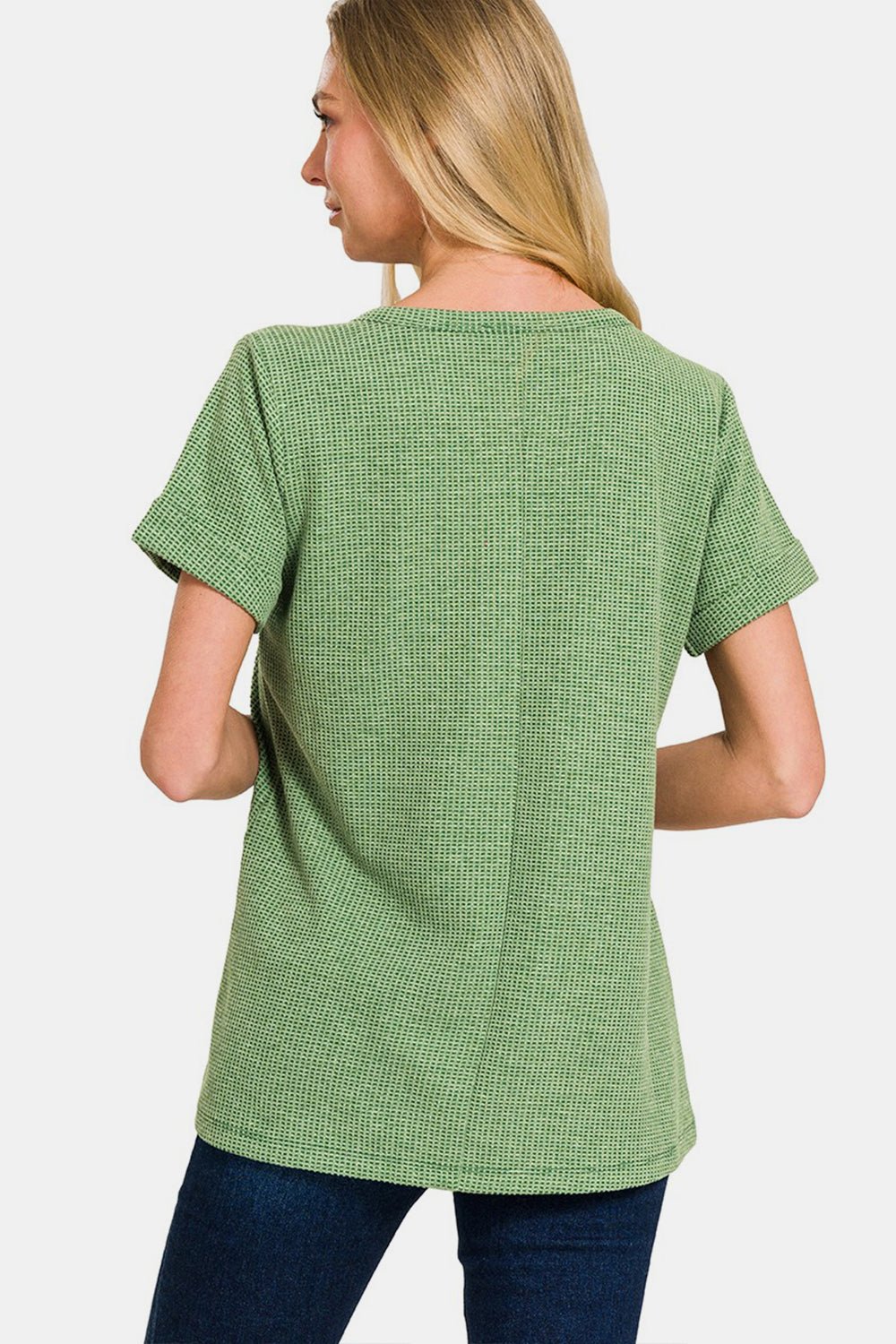 Waffle Knit Notched Short Sleeve T-Shirt in Dark GreenT-ShirtZenana