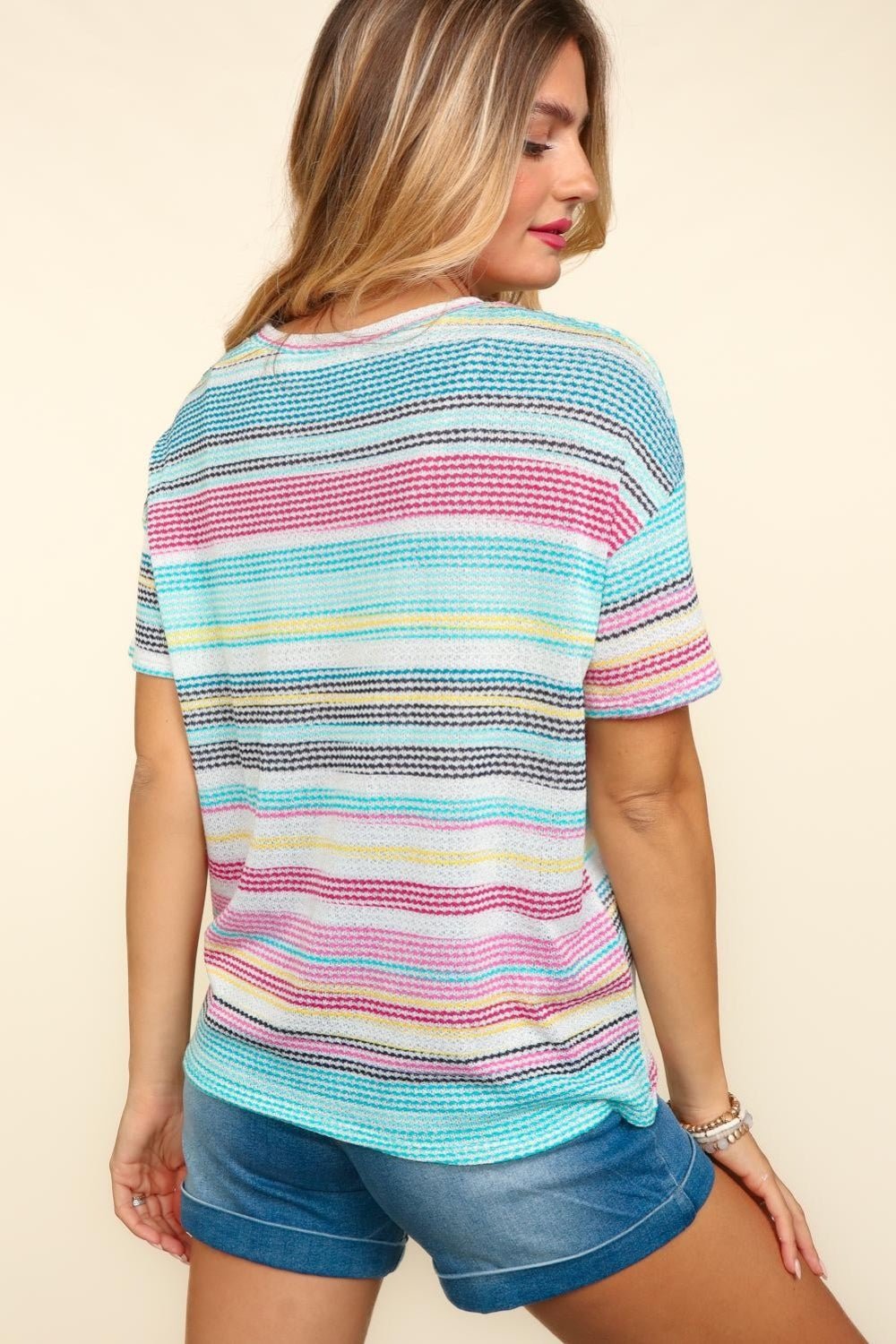 Waffle Knit Stripe Short Sleeve T-Shirt in Mint FuchsiaT-ShirtHaptics