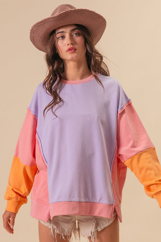Washed Color Block Sweatshirt in LavenderSweatshirtBiBi