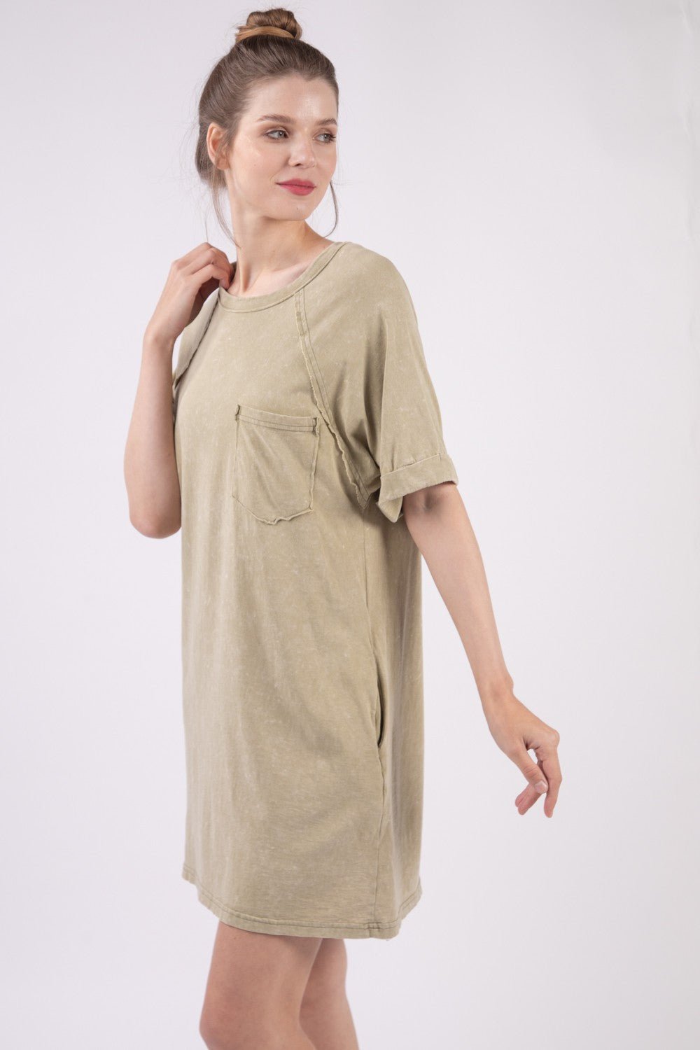 Washed Cotton Crew Neck Mini Tee Dress in SageMini DressVery J