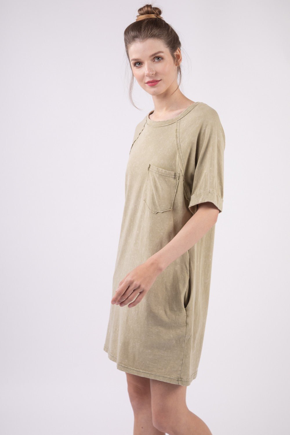 Washed Cotton Crew Neck Mini Tee Dress in SageMini DressVery J