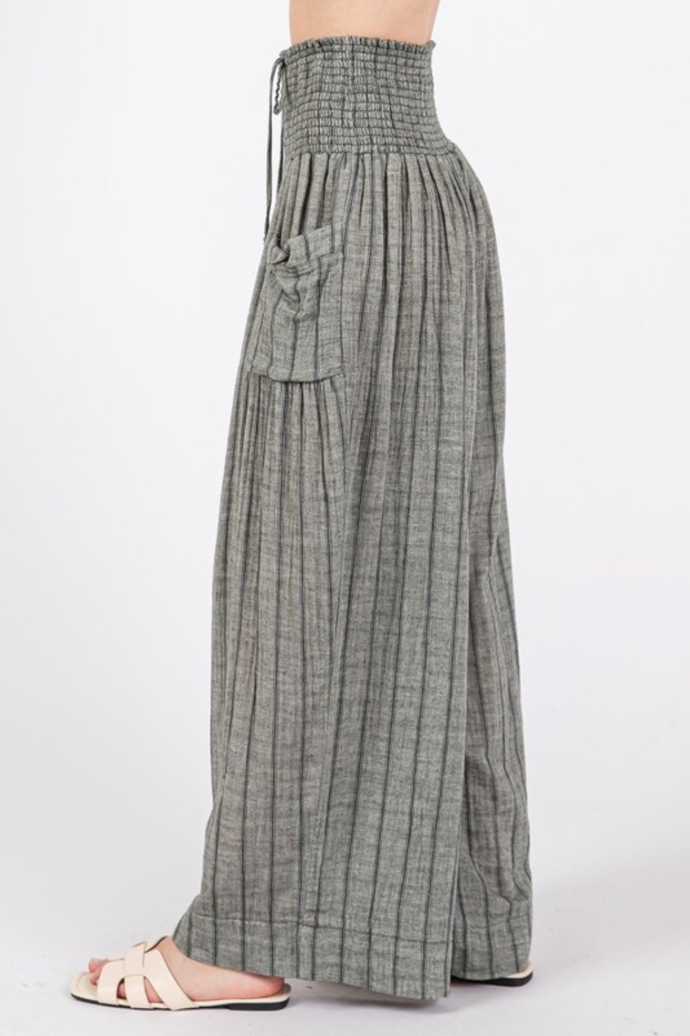 Washed Cotton Gauze Striped Wide Leg Pants in BlackPantsSAGE+FIG