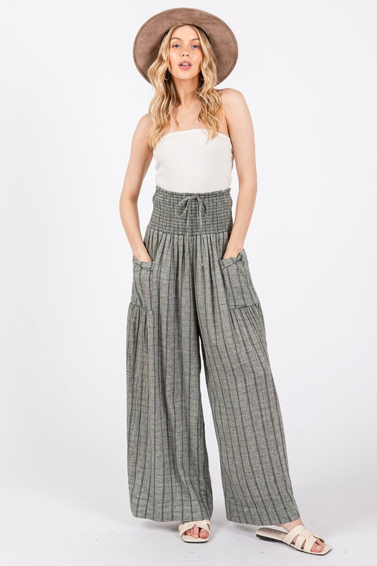 Washed Cotton Gauze Striped Wide Leg Pants in BlackPantsSAGE+FIG