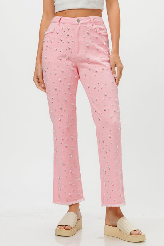 Washed Cotton Pearl Embellished Jeans in Blush PinkJeansBiBi