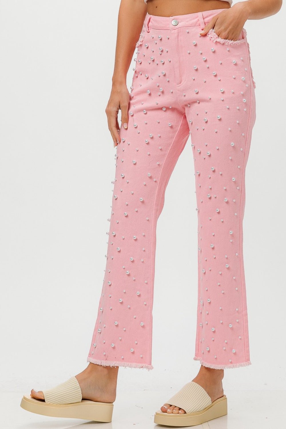 Washed Cotton Pearl Embellished Jeans in Blush PinkJeansBiBi