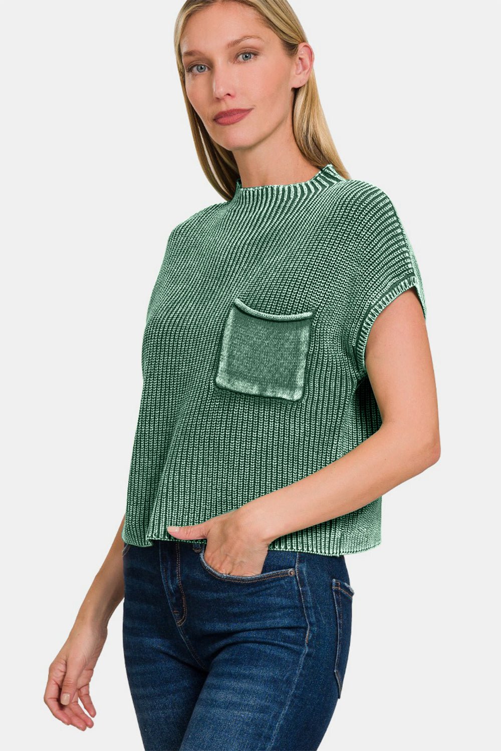 Washed Cotton Short Sleeve Cropped Sweater in Dark GreenSweaterZenana