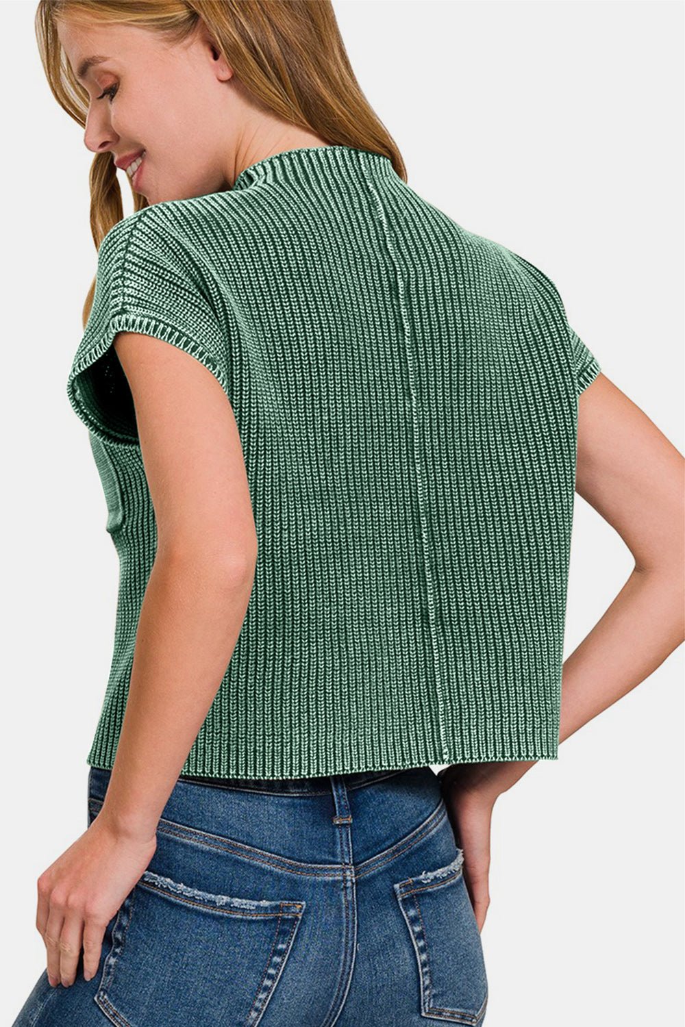 Washed Cotton Short Sleeve Cropped Sweater in Dark GreenSweaterZenana