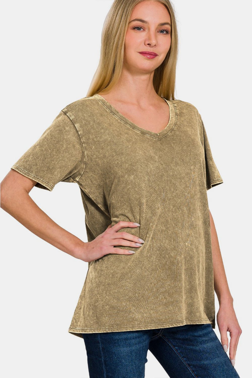 Washed Cotton Short Sleeve V-Neck T-Shirt in MochaT-ShirtZenana