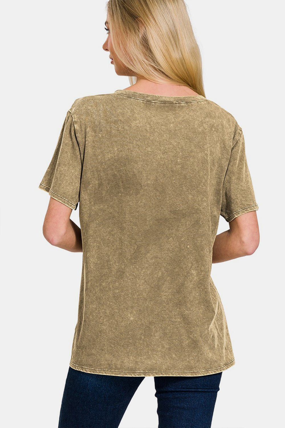 Washed Cotton Short Sleeve V-Neck T-Shirt in MochaT-ShirtZenana
