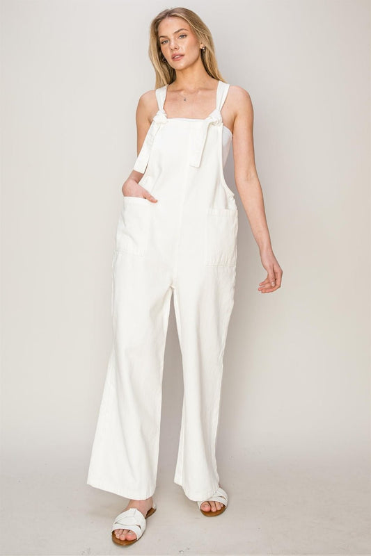 Washed Cotton Twill Knotted Strap Overalls in Off - WhiteOverallsHYFVE