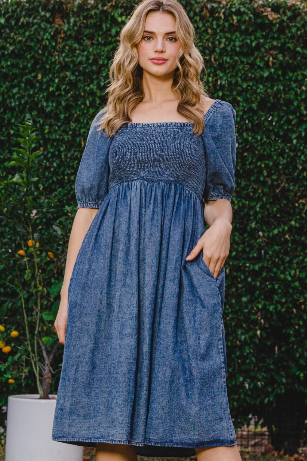 Washed Denim Smocked Puff Sleeve Midi DressMidi DressODDI