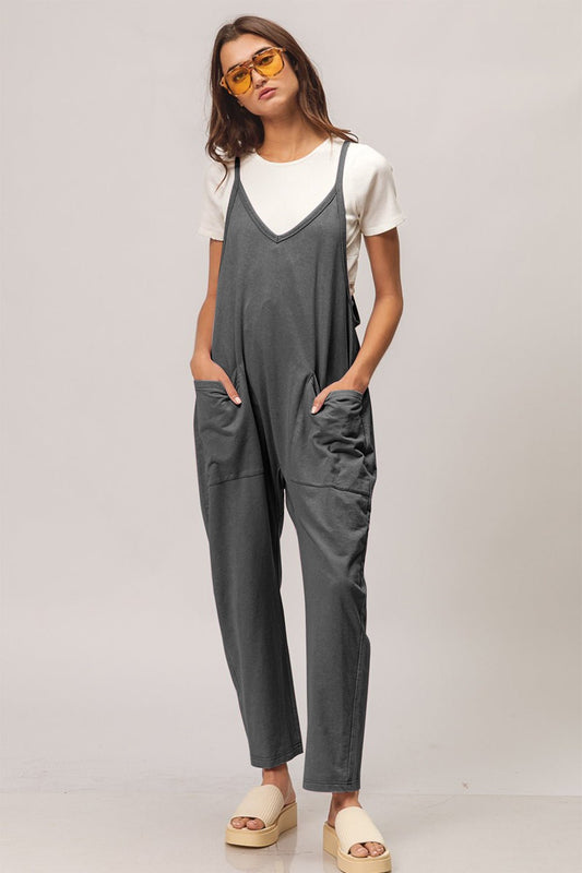 Washed Sleeveless Jumpsuit with Pockets in Black CharcoalJumpsuitBiBi