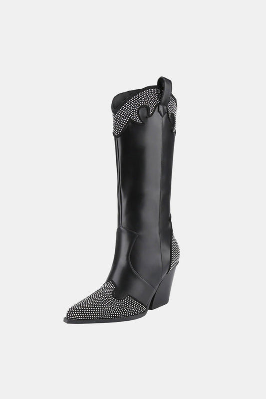 Weeboo - Black Chunky Heel Rhinestone Cowgirl Boots