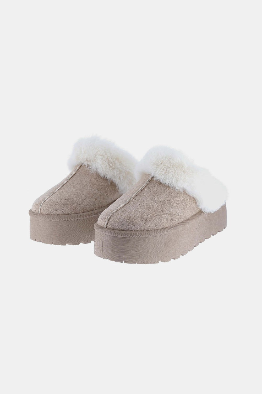 Weeboo - Platform Faux Fur Trim Slippers in Taupe