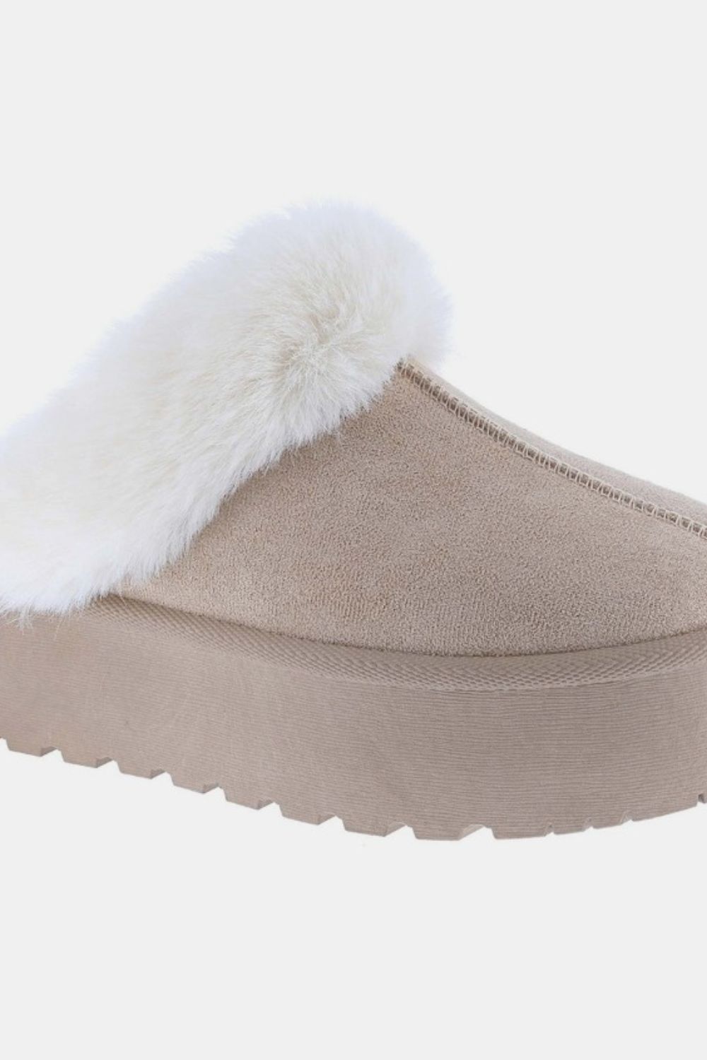 Weeboo - Platform Faux Fur Trim Slippers in Taupe