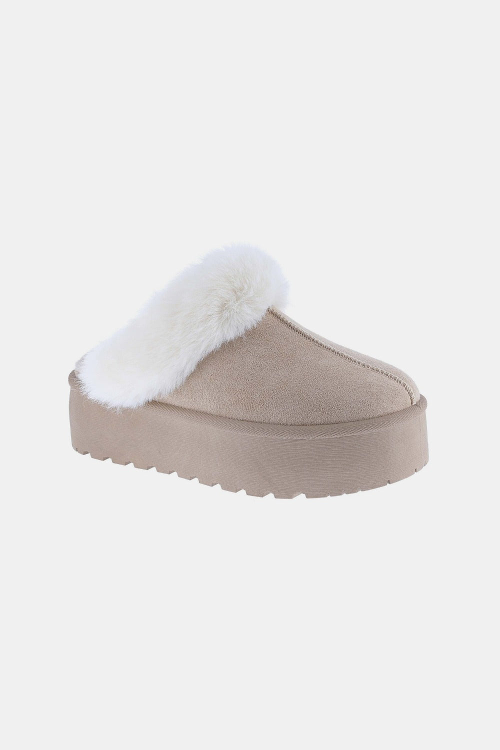 Weeboo - Platform Faux Fur Trim Slippers in Taupe