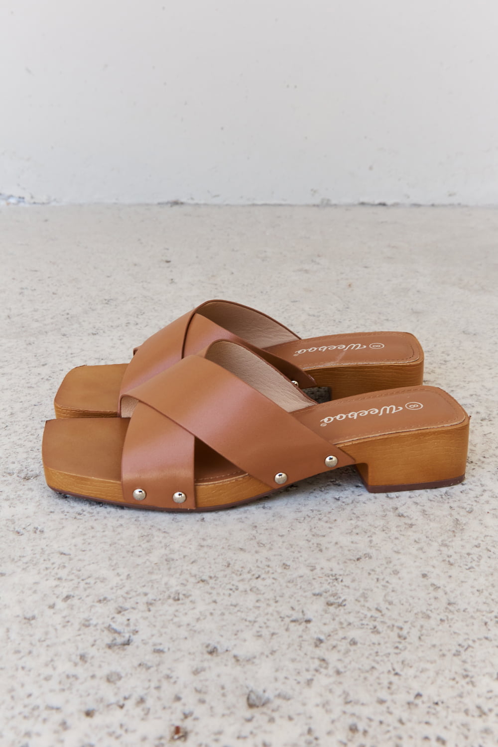 Weeboo - Vegan Leather Criss Cross Wooden Clog Mule in Brown