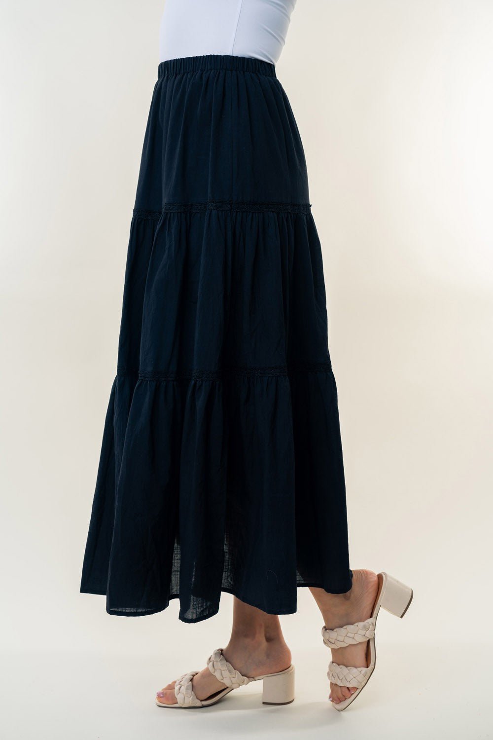 White Birch - Black High Waisted Tiered Maxi Skirt