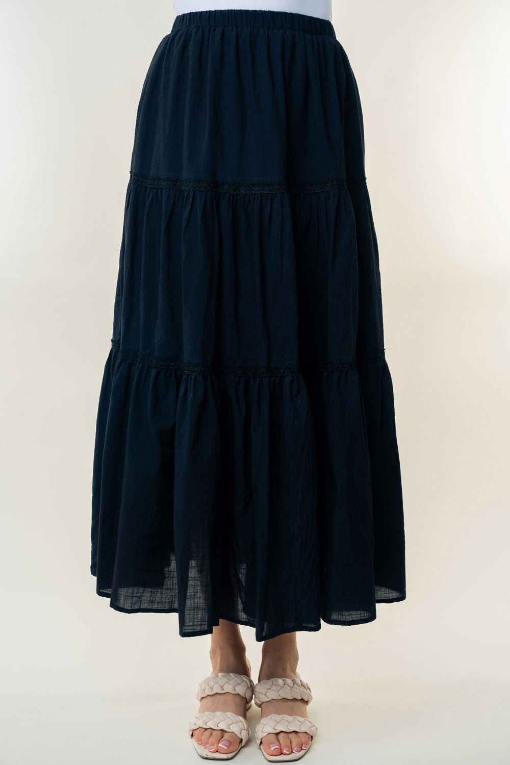 White Birch - Black High Waisted Tiered Maxi Skirt