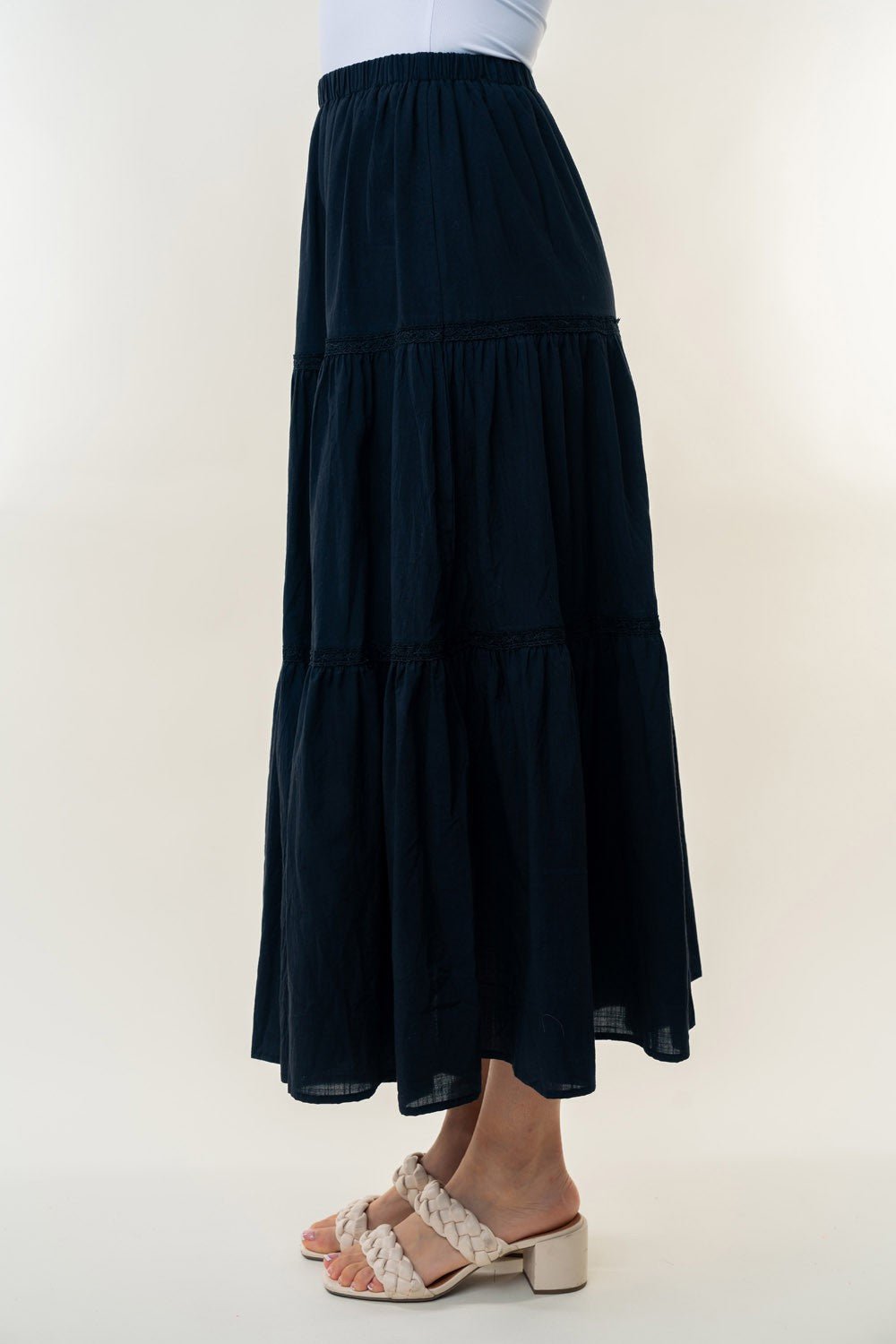 White Birch - Black High Waisted Tiered Maxi Skirt