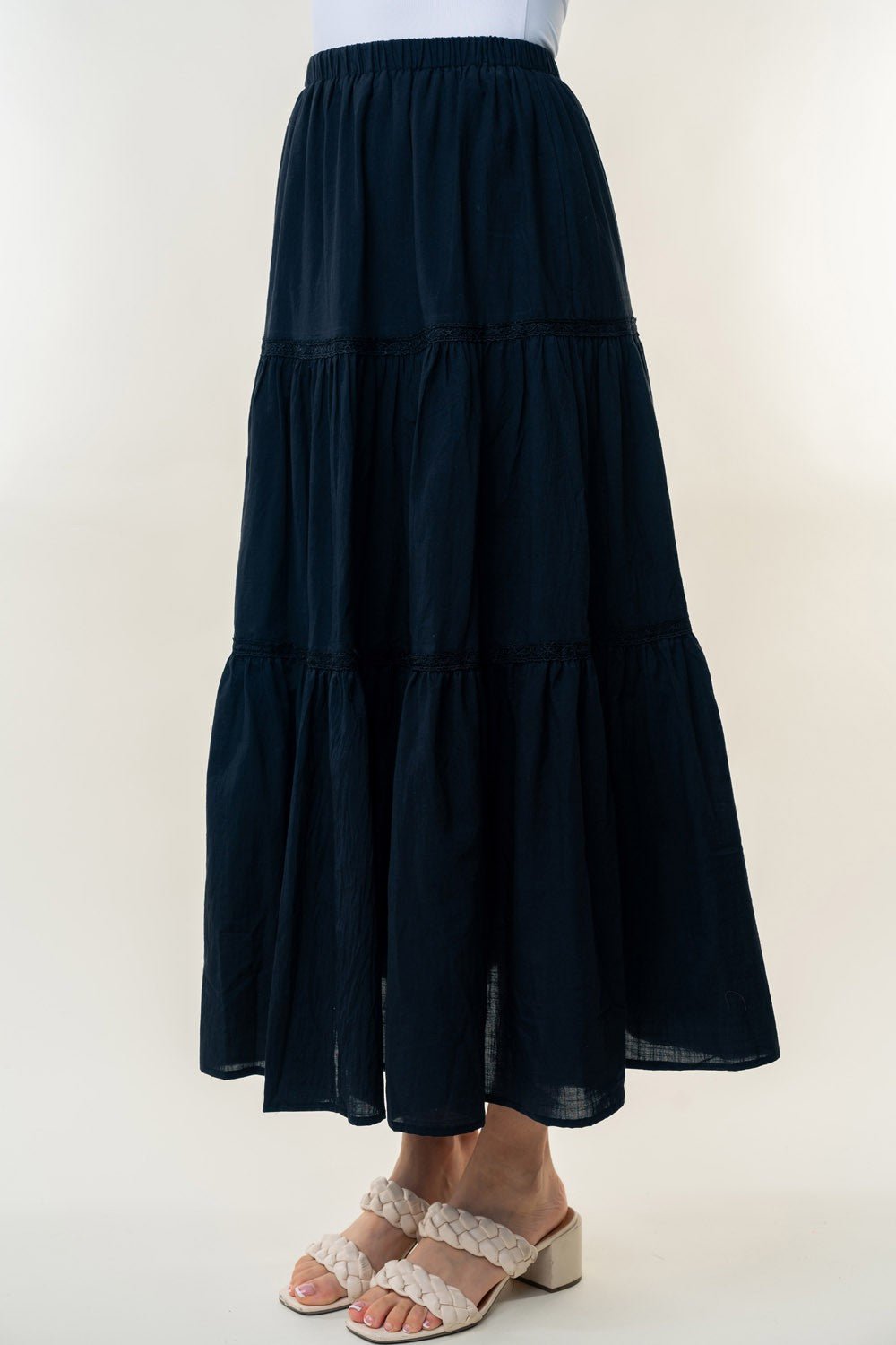 White Birch - Black High Waisted Tiered Maxi Skirt