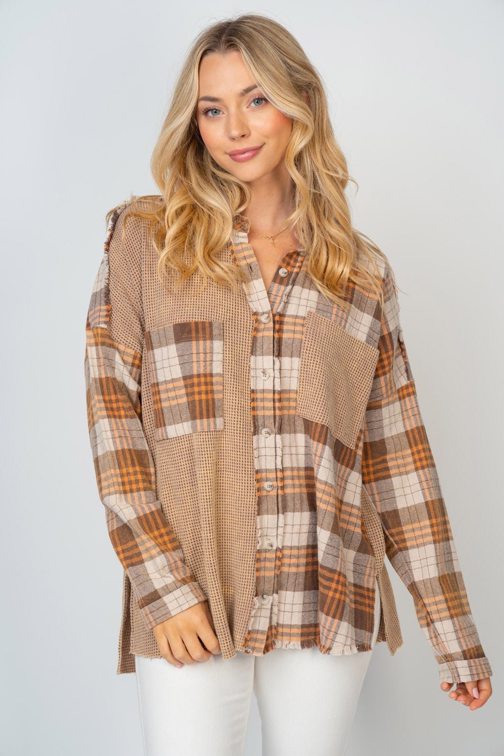 White Birch - Brown Contrast Plaid Button Down Shirt