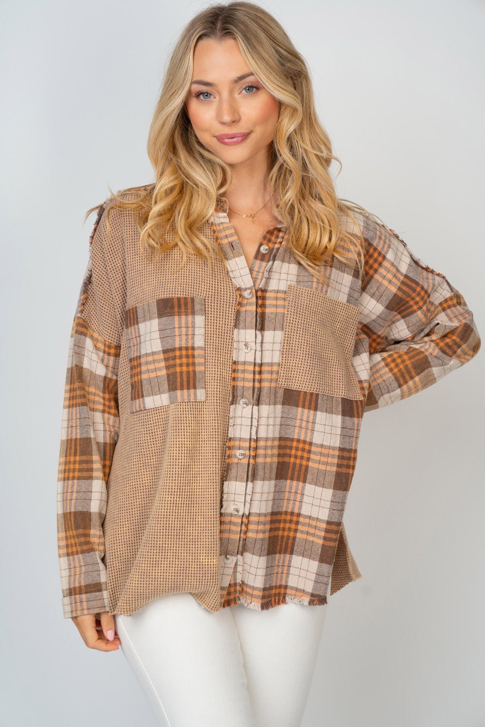 White Birch - Brown Contrast Plaid Button Down Shirt