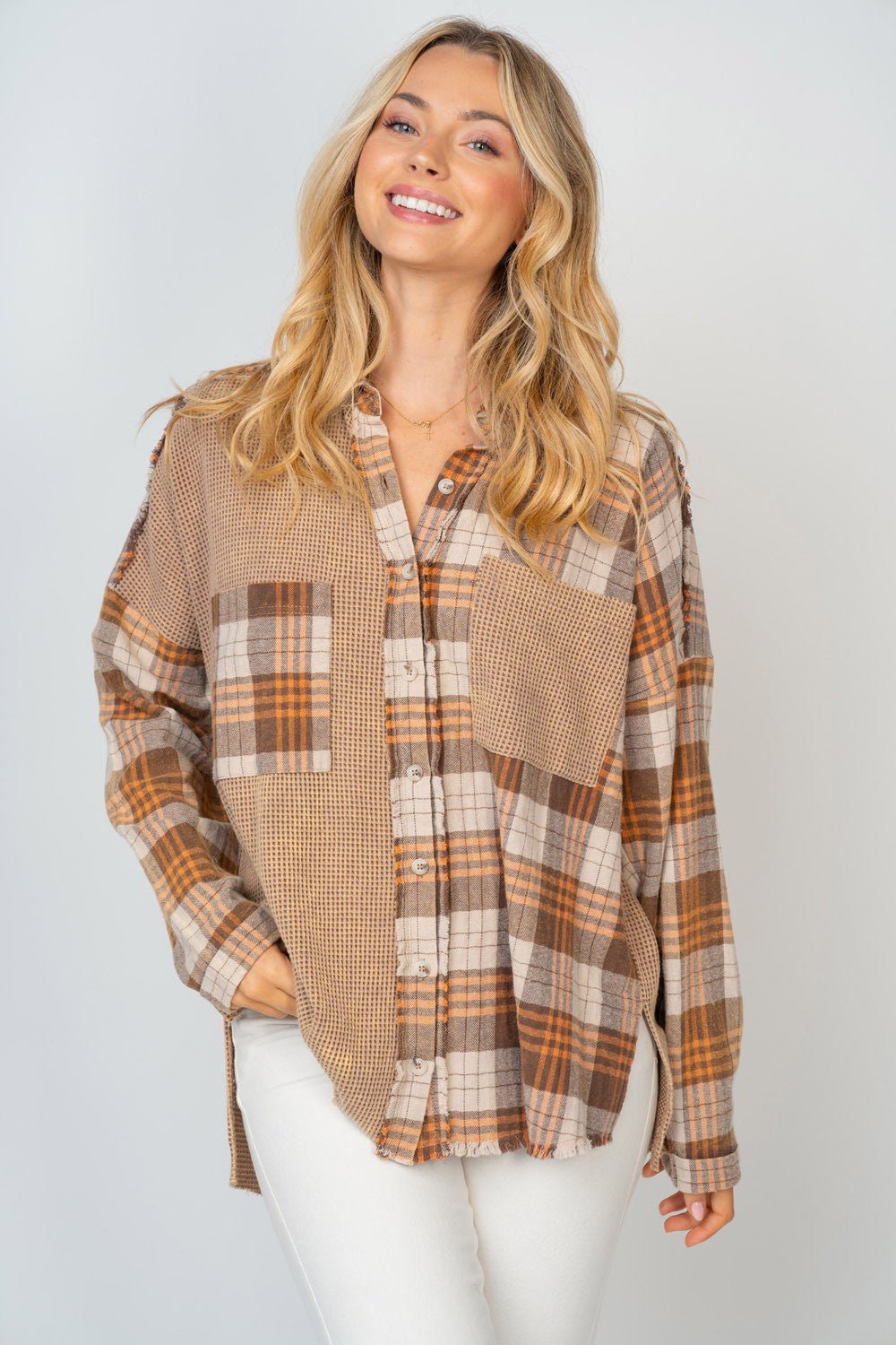 White Birch - Brown Contrast Plaid Button Down Shirt