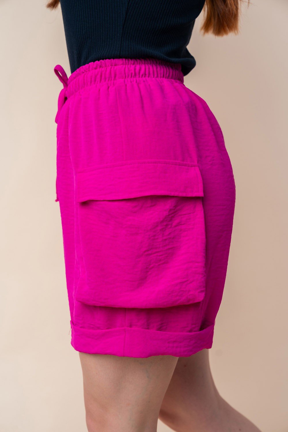 White Birch - High Waisted Drawstring Knit Cargo Shorts in Fuchsia