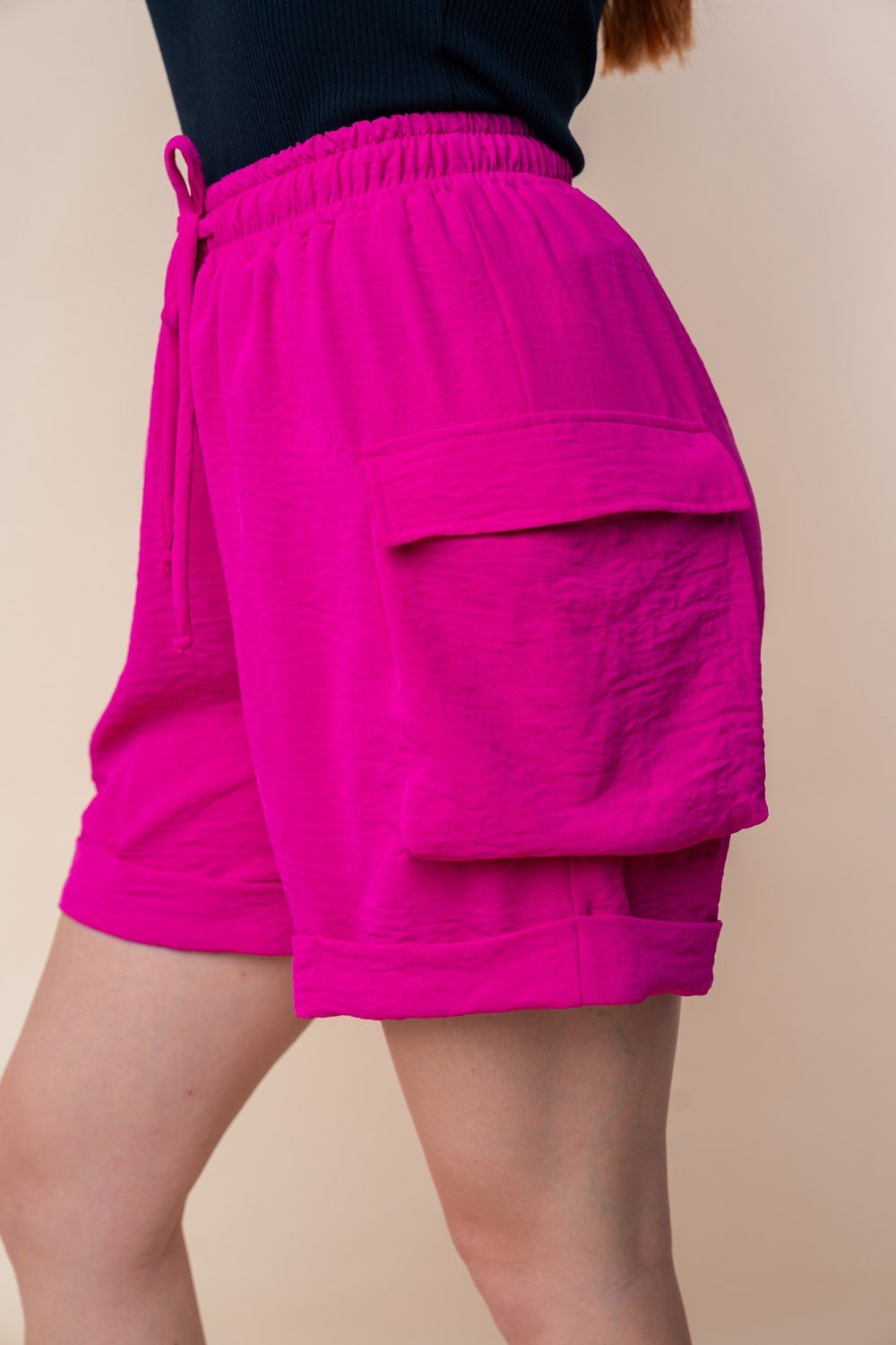 White Birch - High Waisted Drawstring Knit Cargo Shorts in Fuchsia