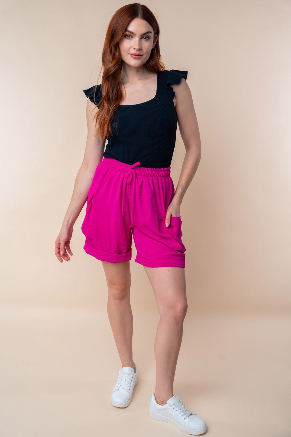 White Birch - High Waisted Drawstring Knit Cargo Shorts in Fuchsia