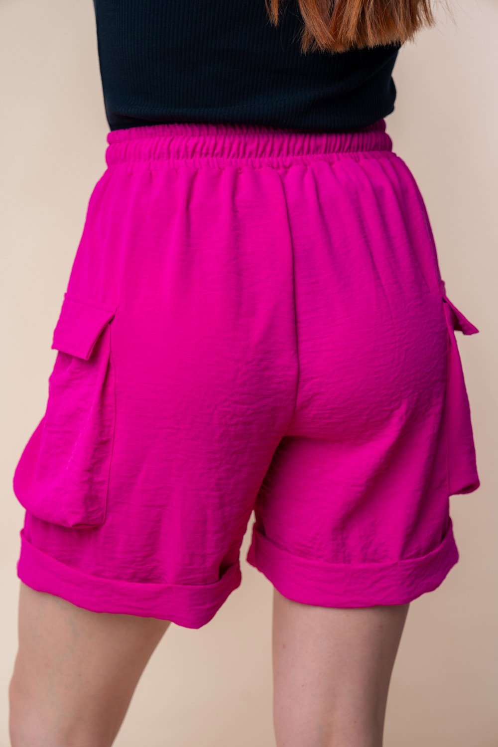 White Birch - High Waisted Drawstring Knit Cargo Shorts in Fuchsia