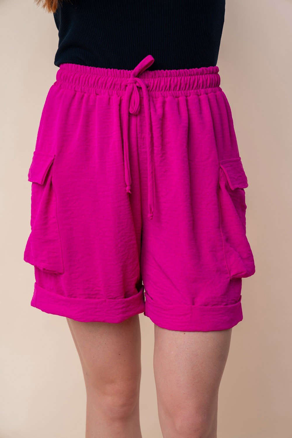 White Birch - High Waisted Drawstring Knit Cargo Shorts in Fuchsia