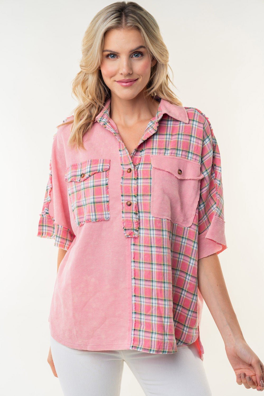 White Birch - Plaid Color Block Half Button Top in Rose