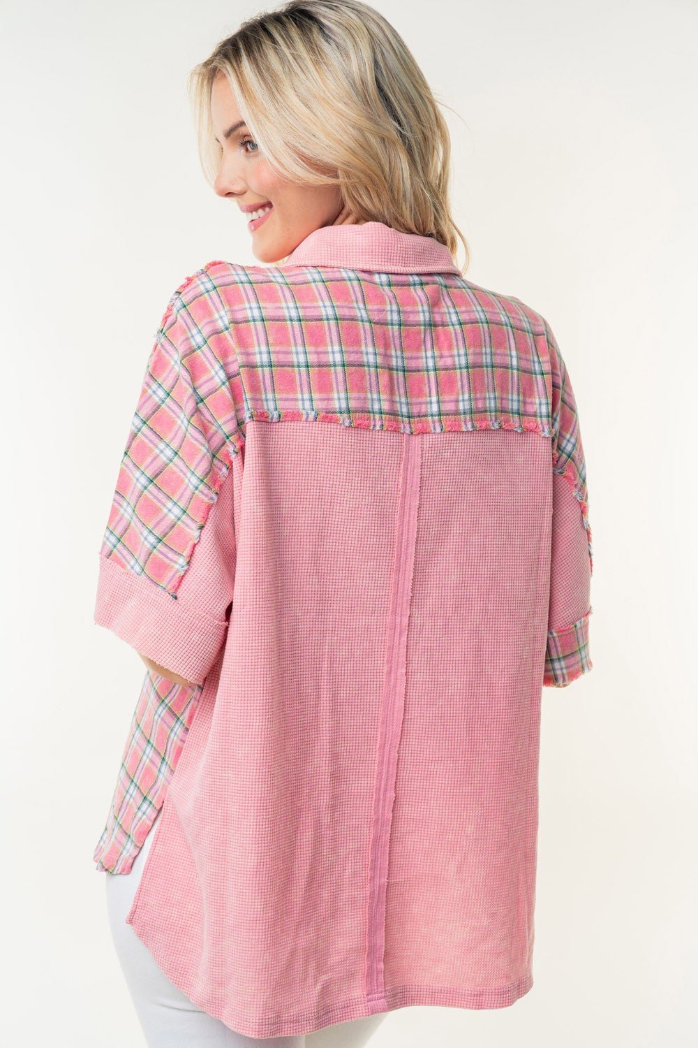 White Birch - Plaid Color Block Half Button Top in Rose