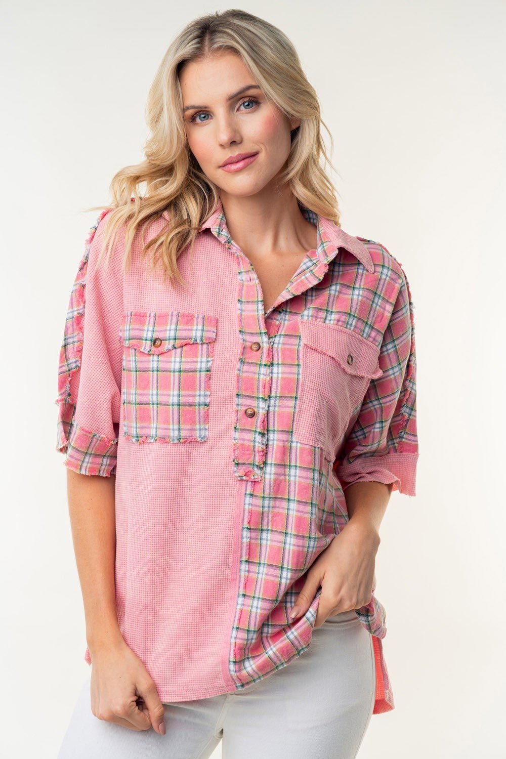 White Birch - Plaid Color Block Half Button Top in Rose