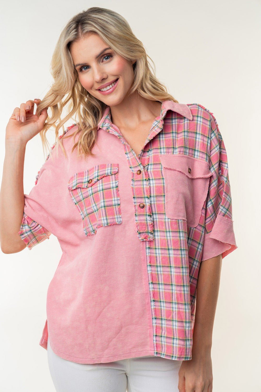 White Birch - Plaid Color Block Half Button Top in Rose