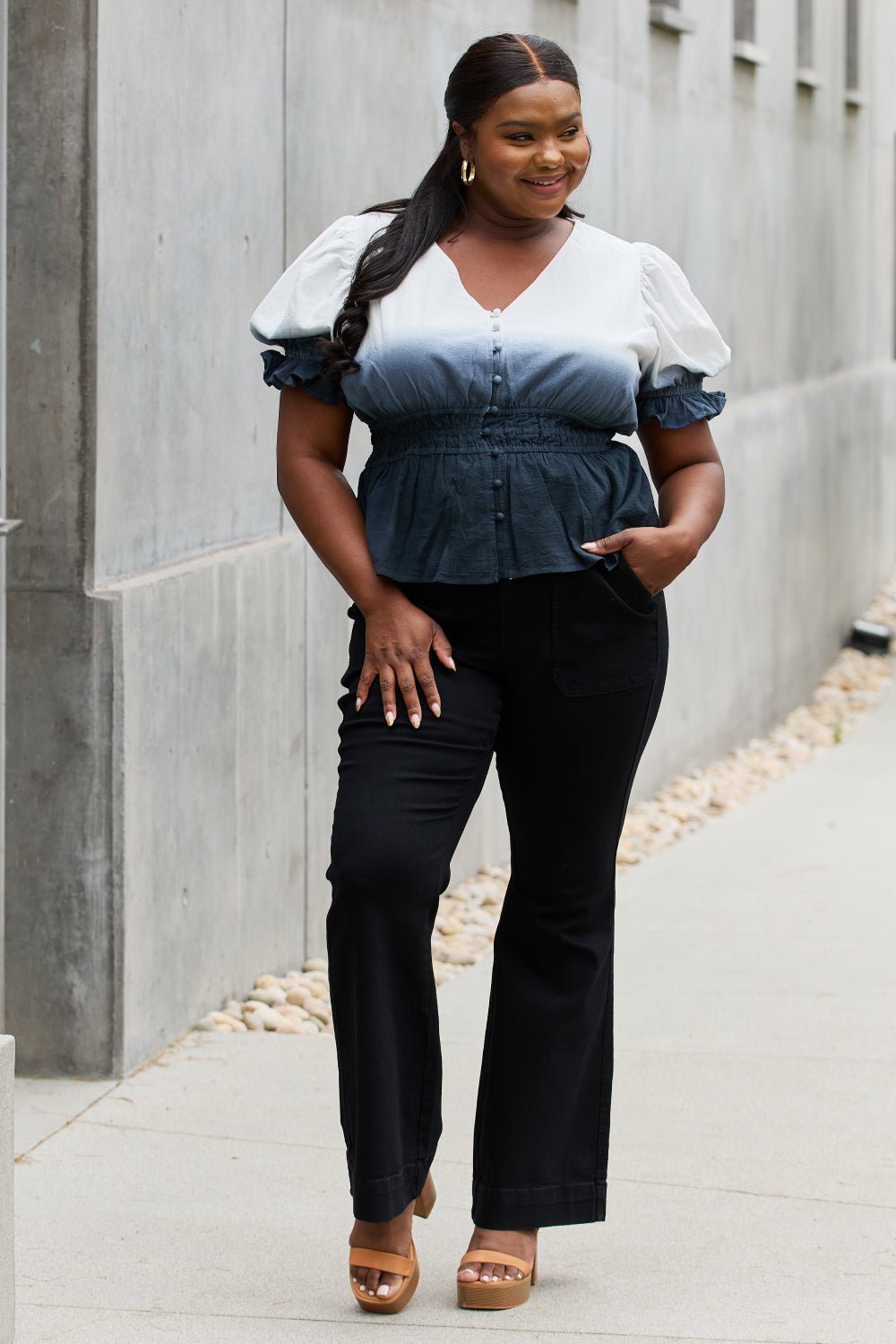 White Birch - Smocked Waist Ombre Woven Top in Black